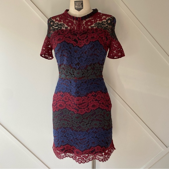 Sandro Rodney Maroon and Navy Color Block Lace Mini Dress - Size 1 (XS) - Picture 2 of 10